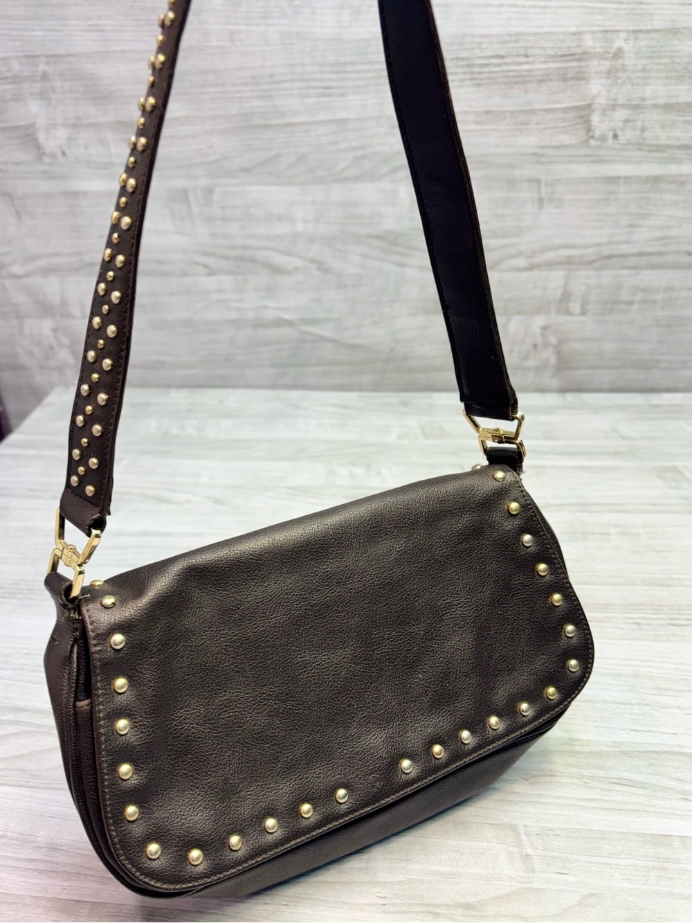 Liz Claiborne Dark Brown Leather Y2K Studded Shoulder Bag